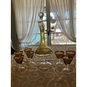 Murano Italian Blown Glass Sherry Decanter 
Set Amber with Heavy Gold Overlay